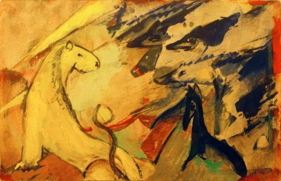 Gele leeuw, blauwe vossen, blauw paard door Franz Marc
